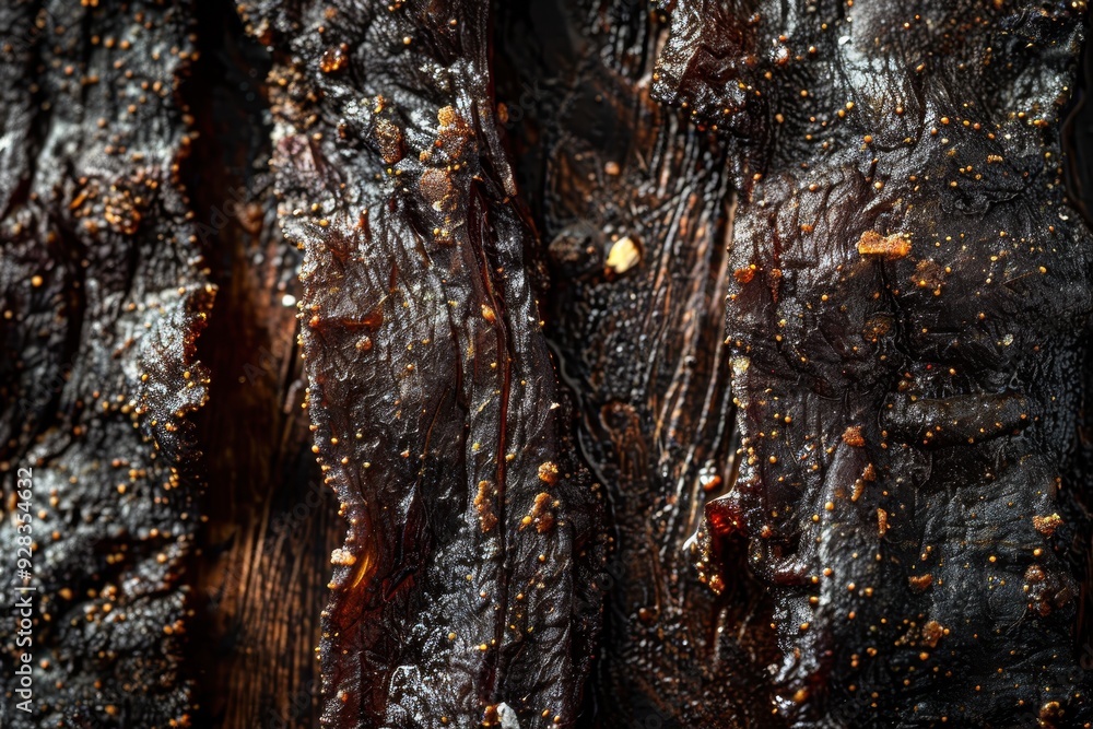 Wall mural close up of beef jerky on food background