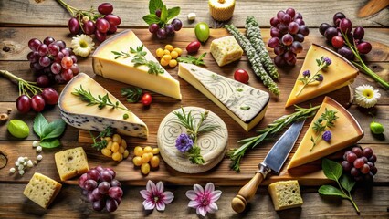 A creatively arranged assortment of artisanal cheeses is surrounded by whimsical hand-drawn illustrations of grapes, leaves, and flowers on a rustic wooden background.