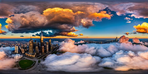 Full 360 degrees seamless spherical panorama HDRI equirectangular projection of A swirling puffy clouds under city. Texture environment map for lighting and reflection source rendering 3d scenes.	
