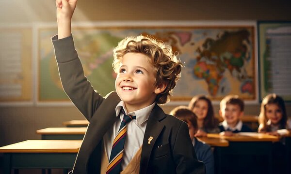 very well dressed child, first in class, who raises his finger to ask to speak