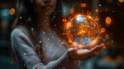 A close-up shot of a businesswoman hand holding a glowing orb that symbolizes the intersection of ESG principles, innovation, and technology. Around the orb, icons representing efficiency and
