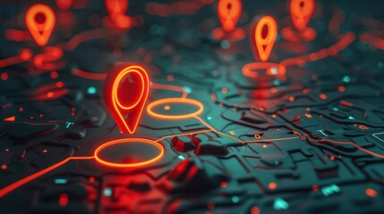 Digital Map with Glowing Red Location Markers