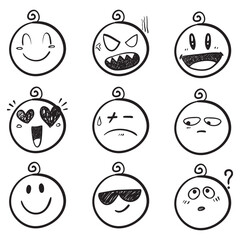 Emojis, different expressions. Vector faces. Afraid, confused, gleeful, happy, star-eyed, in love, crazy, tongue out. Blinking eyes. Hand drawing with marker pen. Brush, isolated on white background.