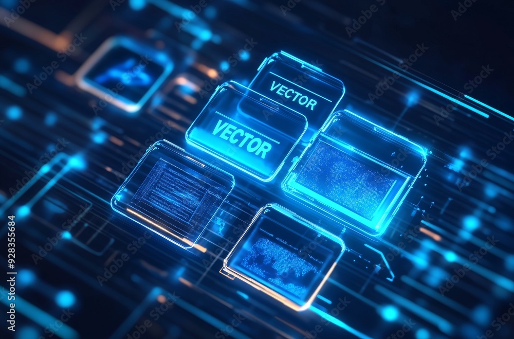 Poster futuristic digital interface with glowing blue elements and data nodes
