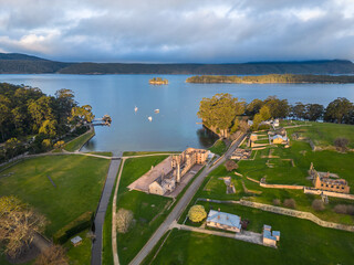Port Arthur, Tasmania: Aerial view of the Port Arthur historic site and penal settlement in Tasman peninsula in late afternoon in Australia.
