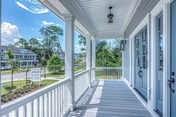 Charming New Orleans-style front porch with light blue double doors, white trim, and grey garage door, viewed from the right side.