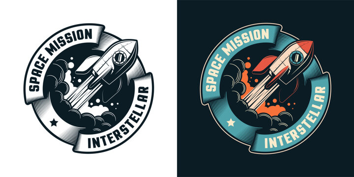 Rocket ship with a stylized flame - retro logo. Vintage interstellar space mission badge. Vector illustration