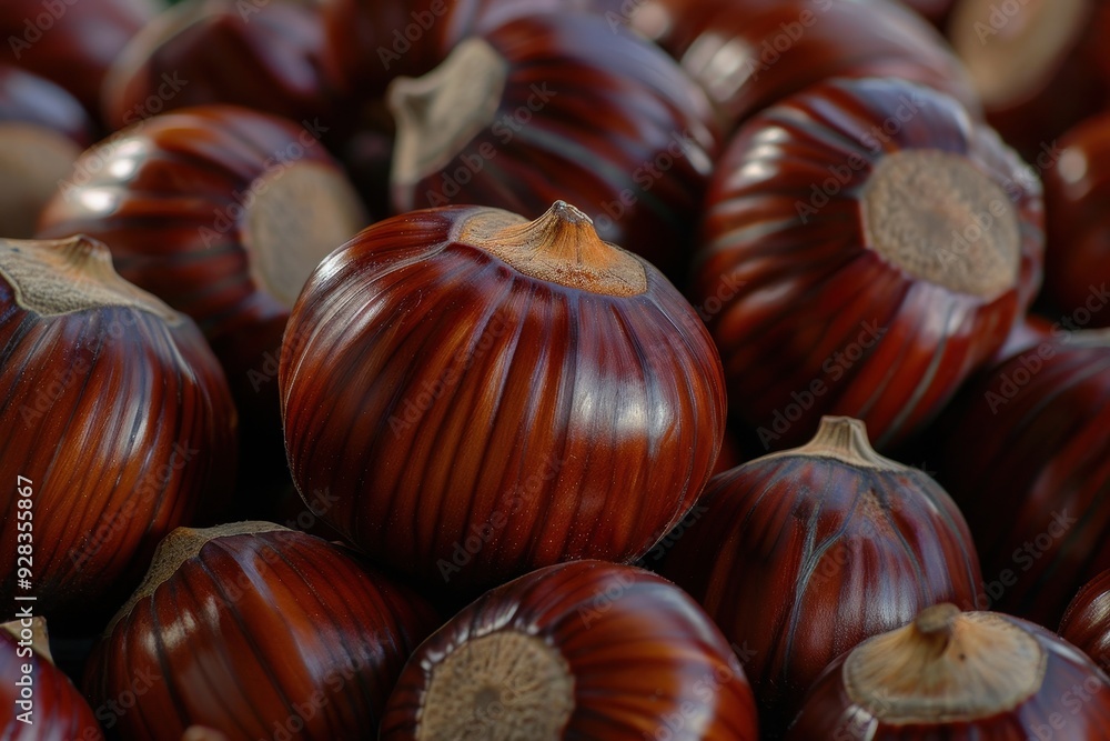 Poster Close up of ripe raw chestnuts for Christmas Background of fresh sweet chestnuts