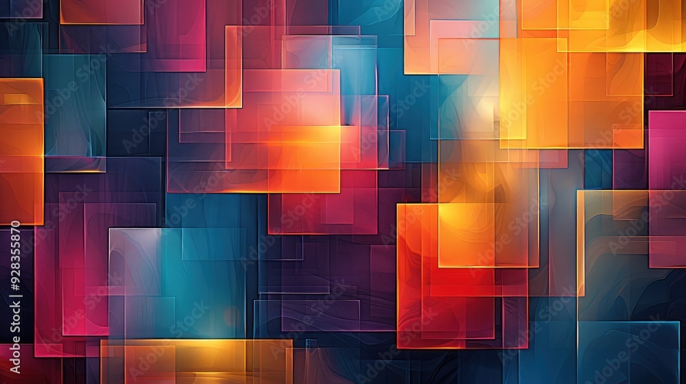 Poster a vibrant and colorful abstract design featuring overlapping big rectangle in twelve vivid colors, i
