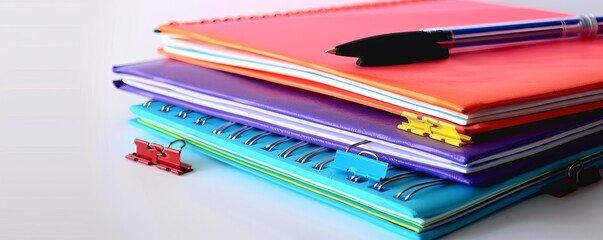 Stack of colorful notebooks with pens and paper clips on white background, 4K hyperrealistic photo