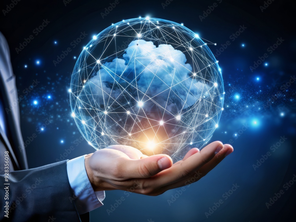Poster a hand holds a glowing globe with interconnected lines and nodes, symbolizing the integration of dig