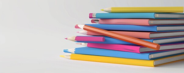 Fototapeta premium Stack of colorful journals with pencils on white background, 4K hyperrealistic photo