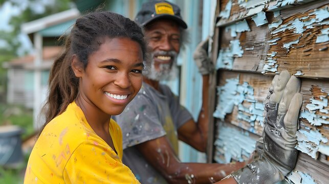 A heartwarming moment of a volunteer helping an elderly homeowner paint the exterior of their rebuilt home, with the background showing a neighborhood slowly being restored.