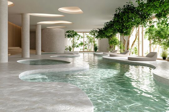 Modern spa interior featuring serene water pools, lush greenery, and elegant design for relaxation and wellness.