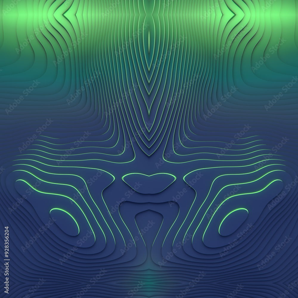 Fototapete Symmetrical pattern of topographic layered map of purple-green color. 3d rendering digital illustration