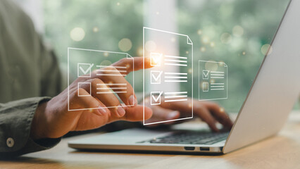 Survey form concept. Filling survey form online, Questionnaire with checkboxes, answer questions of test. Education futuristic technology and learning concept.