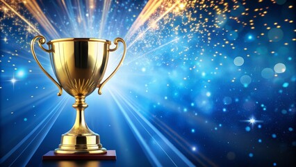A majestic golden trophy stands proudly against a vibrant blue background, surrounded by subtle sparkles and elegant curves, exuding excellence and achievement.