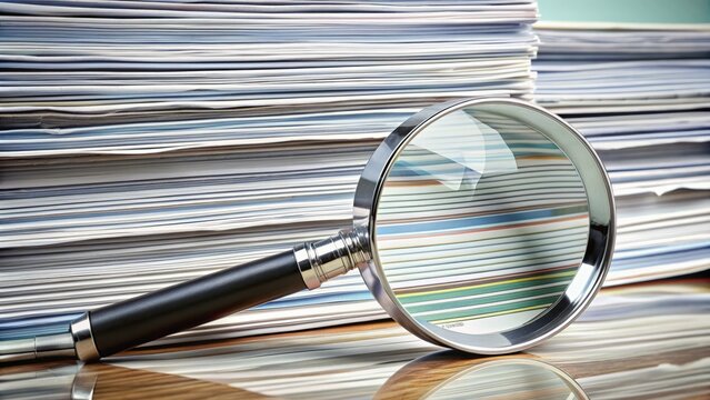A magnifying glass is placed on top of a stack of financial documents and receipts, symbolizing a thorough examination of business expenditures and costs.