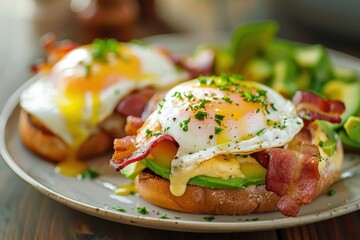 Close up shot of eggs benedict with avocado and bacon