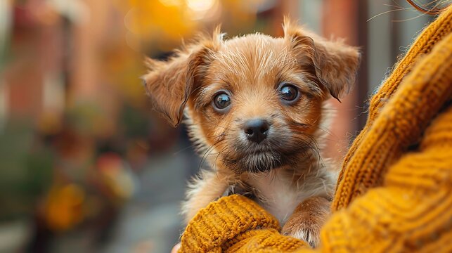 A heartwarming scene of a volunteer gently lifting a stray puppy from a crowded street, with a backdrop of urban buildings and concerned bystanders. The atmosphere is one of compassion and urgency,