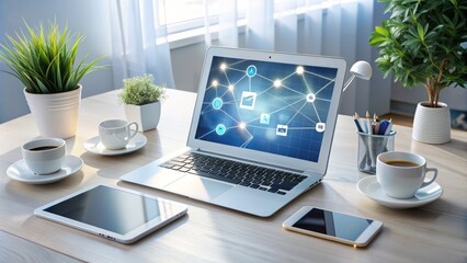 Fototapeta premium A modern white desk with a laptop, tablet, and various icons representing digital communication, networking, and creativity, symbolizing contemporary work and innovation.