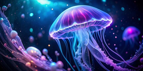 Naklejka premium Glowing jellyfish swimming in dark ocean waters at night with purple-blue bioluminescent lights and soft focus effect
