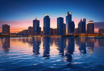 Fototapeta premium vibrant urban skyline mirrored sparkling water under clear sky dusk, architecture, city, buildings, lights, evening, horizon, landscape, waterfront, view