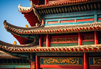 Fototapeta premium exploring intricate characteristics traditional chinese roof styles featuring elaborate colorful unique structural designs, architecture, eaves, decoration