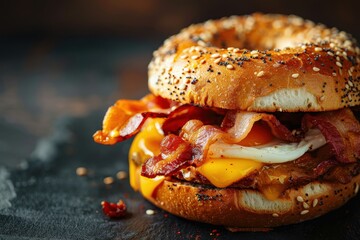 Closeup of a breakfast sandwich with bagel egg bacon cheese on dark background