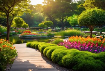 Obraz premium vibrant parks featuring complex pathways diverse landscapes nature enthusiasts, terrain, greenery, trees, flowers, grass, scenery, environment, walkway