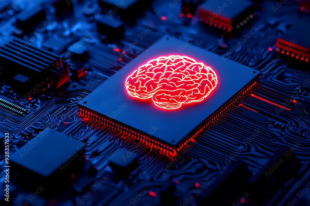 Poster a glowing red brain graphic centered on a dark circuit board, symbolizing artificial intelligence an
