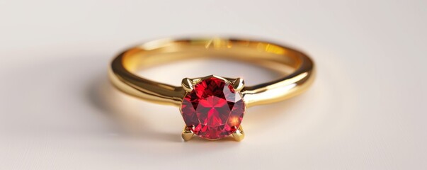 Shiny gold ring with ruby on white background, 4K hyperrealistic photo