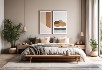 Fototapeta premium stunning minimalist bedroom design featuring soothing colors contemporary decor elements tranquil atmosphere, modern, furniture, lighting, interior, space