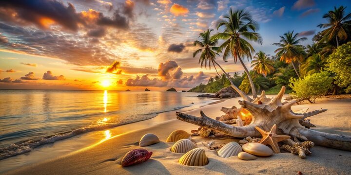 Golden hour illumination casts a warm glow on a secluded island beach, adorned with exotic seashells and driftwood, exuding relaxed, serene tropical escape ambiance.