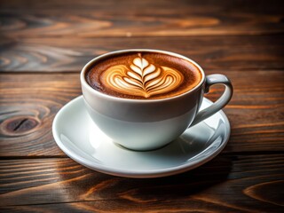 A rich, dark brown coffee fills a white cup, emblazoned with a distinctive coffee shop logo, against a clean, minimalist background.