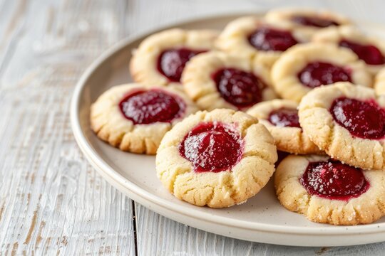 Closeup of Swedish raspberry jam cookies on white wooden table