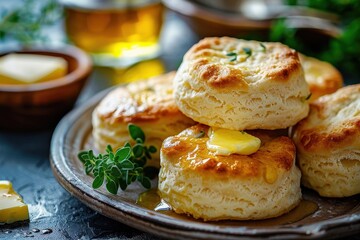Closeup vertical image of buttery buttermilk biscuits swimming in melted butter on table