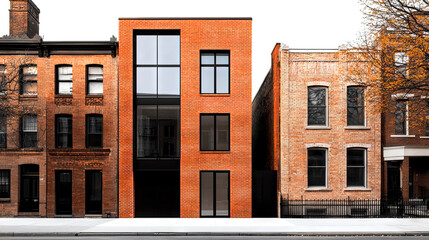 Naklejka premium Modern brick building contrasts with traditional architecture in an urban setting, showcasing innovative design and construction.