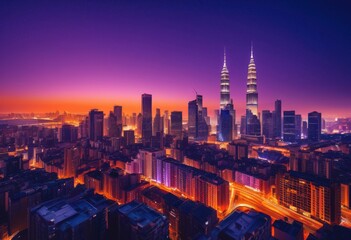 Fototapeta premium stunning twilight city skyline vibrant glowing lights illuminating urban landscape, buildings, architecture, night, illumination, scenery, horizon, view