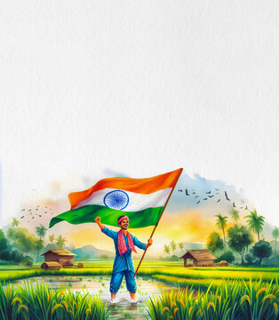 A Watercolor vibrant illustration of A joyful Indiar Farmer, full of pride and energy, holds a large Indian tricolour National flag above his head in celebration of Independence and Republic Day
