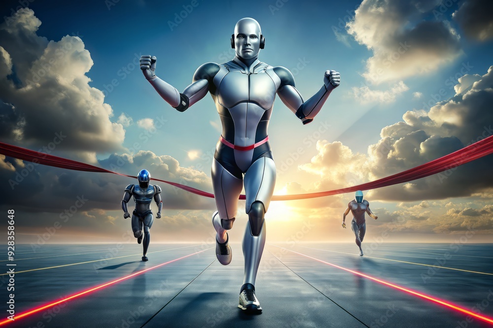Poster a sleek android crosses the finish line ahead of a human runner, symbolizing the triumph of advanced