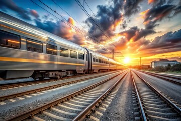Naklejka premium A sleek, silver train speeds through a bustling station at sunset, its motion blur a testament to its haste, amidst a backdrop of rustic railroad tracks.