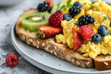 Colorful and nutritious breakfast of scrambled eggs on whole grain toast with fresh fruit will energize your day A delicious treat for your taste buds
