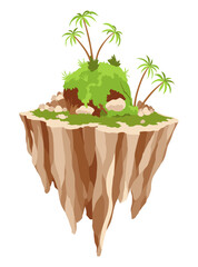 Game flying island with tropical palm. Flying platform of exotic nature game island. Colorful flat elements for fantasy computer or mobile game