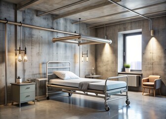 Industrial Chic: Edgy patient room with exposed pipes, concrete walls, and a sleek metal bed.