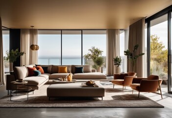 Fototapeta premium sleek minimalist lounge featuring vibrant stylish modern aesthetics contemporary living spaces, interior, design, furniture, decor, home, textures, colors