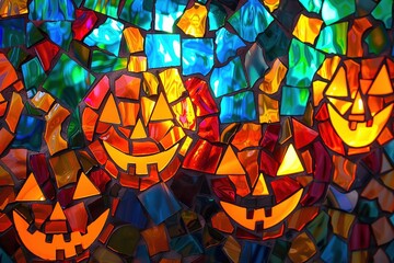 Halloween mosaic with jack-o'-lantern faces, featuring colorful broken tile patterns in blue, purple, and orange hues