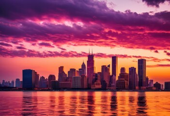 Obraz premium vibrant city skyline sunset sparkling reflections creating stunning visual display colors lights, architecture, buildings, cityscape, contemporary, dusk, glow