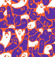 Seamless pattern happy halloween background. Seamless pattern with cartoon characters. Cartoon spooky ghost character. Cute white ghosts and bats on the orange background. Pattern with cute ghosts.