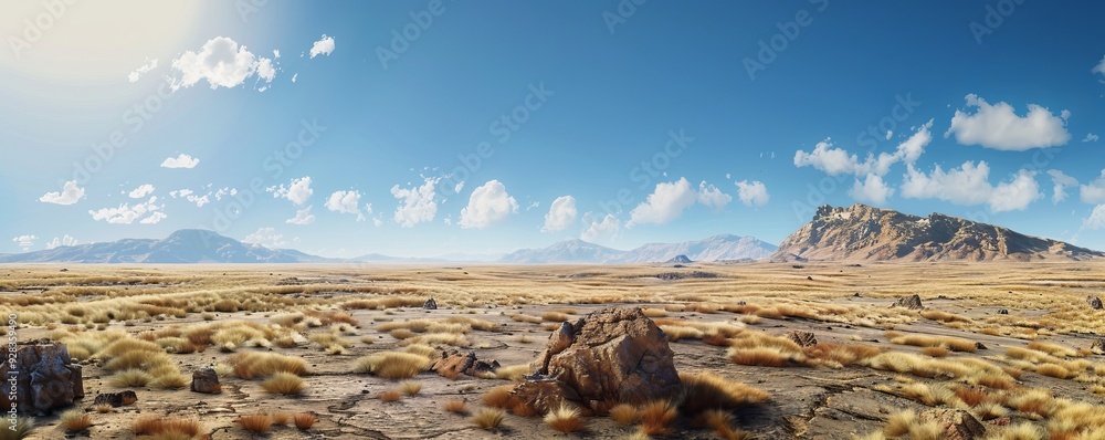 Poster Rocky desert landscape under a clear blue sky, 4K hyperrealistic photo